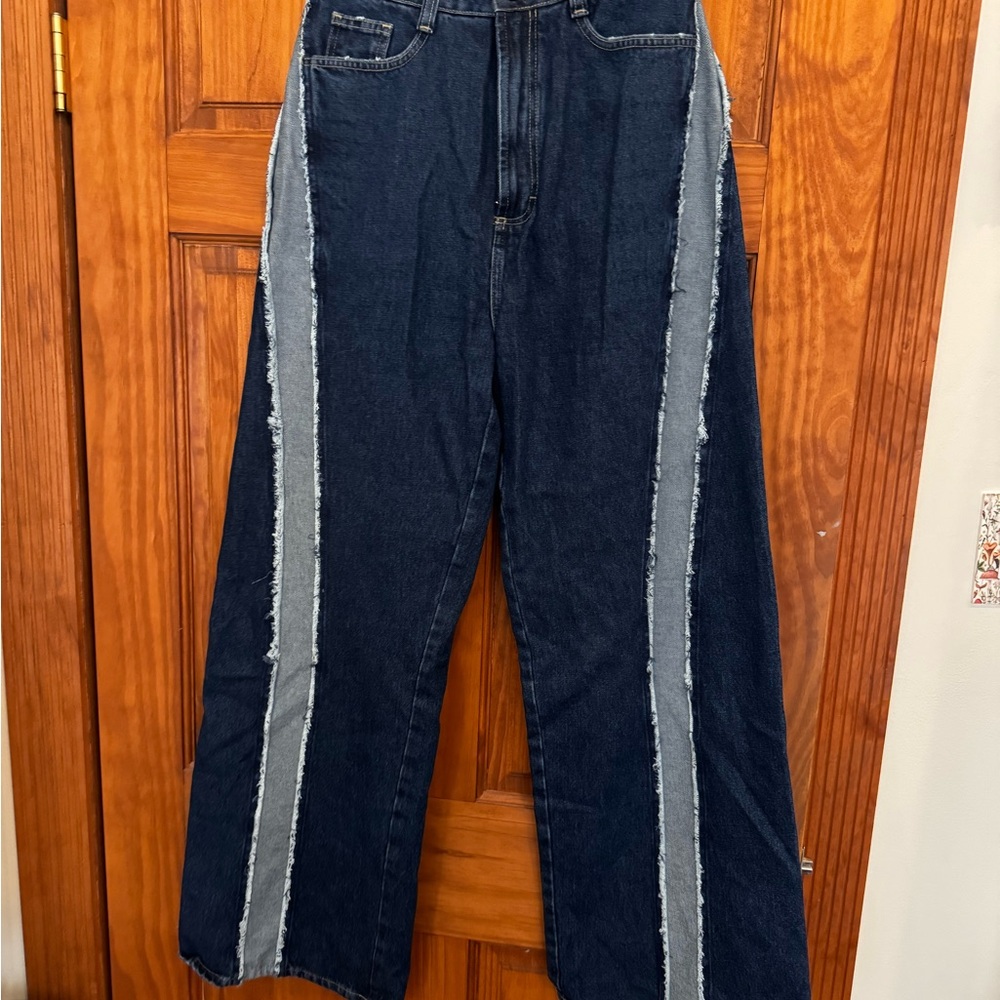High Rise Blue and Gray Wide Leg Jeans